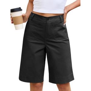 image:imageluvamia Bermuda Shorts for Women Knee Length High Waisted Dressy Casual Patch Pocket Chino Elastic Waist Long ShortsBlack