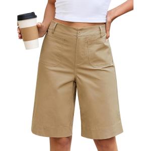 image:imageluvamia Bermuda Shorts for Women Knee Length High Waisted Dressy Casual Patch Pocket Chino Elastic Waist Long ShortsKhaki