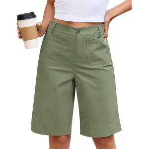 image:imageluvamia Bermuda Shorts for Women Knee Length High Waisted Dressy Casual Patch Pocket Chino Elastic Waist Long ShortsOlivine