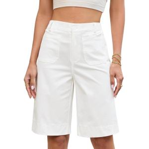 image:imageluvamia Bermuda Shorts for Women Knee Length High Waisted Dressy Casual Patch Pocket Chino Elastic Waist Long ShortsWhite