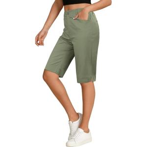 image:imageluvamia Bermuda Shorts for Women Knee Length High Waisted Side Split Elastic Waist Summer Dressy Casual Long Chino ShortsArmy Green
