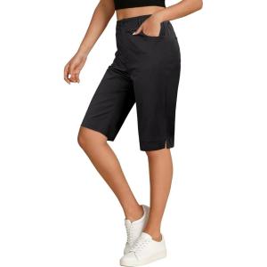 image:imageluvamia Bermuda Shorts for Women Knee Length High Waisted Side Split Elastic Waist Summer Dressy Casual Long Chino ShortsBlack