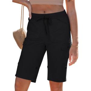 image:imageluvamia Bermuda Shorts for Women Knee Length Pull On Elasitc Waist High Rise Fold Hem Casual Summer Chino Cargo ShortsBlack