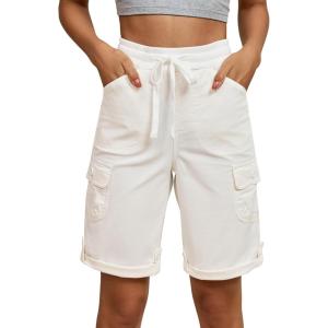 image:imageluvamia Bermuda Shorts for Women Knee Length Pull On Elasitc Waist High Rise Fold Hem Casual Summer Chino Cargo ShortsCream White