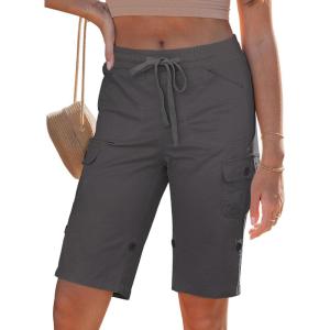 image:imageluvamia Bermuda Shorts for Women Knee Length Pull On Elasitc Waist High Rise Fold Hem Casual Summer Chino Cargo ShortsDark Gray