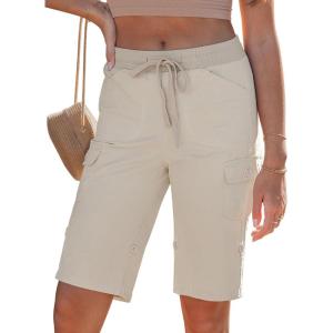 image:imageluvamia Bermuda Shorts for Women Knee Length Pull On Elasitc Waist High Rise Fold Hem Casual Summer Chino Cargo ShortsSummer Sand