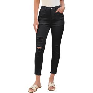image:imageluvamia Cropped Jeans for Women Skinny Trendy High Waisted Distressed Ripped Stretchy Denim Pants Destroyed JeggingsTrue Black