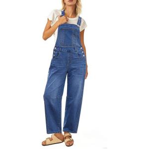 image:imageluvamia Denim Overalls for Women Barrel Leg Baggy Loose Fit Bib Stretchy Jean Jumpsuit Adjustable Strap Casual OverallClassic Blue