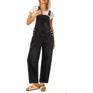 image:imageluvamia Denim Overalls for Women Barrel Leg Baggy Loose Fit Bib Stretchy Jean Jumpsuit Adjustable Strap Casual OverallWashed Black
