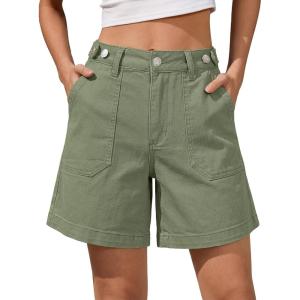 image:imageluvamia Jean Shorts for Women High Waisted Wide Leg Cinch Waist Stretchy Denim Mid Thigh Shorts Casual Summer JortsArmy Green