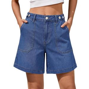 image:imageluvamia Jean Shorts for Women High Waisted Wide Leg Cinch Waist Stretchy Denim Mid Thigh Shorts Casual Summer JortsClassic Blue