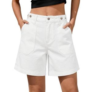 image:imageluvamia Jean Shorts for Women High Waisted Wide Leg Cinch Waist Stretchy Denim Mid Thigh Shorts Casual Summer JortsCream White