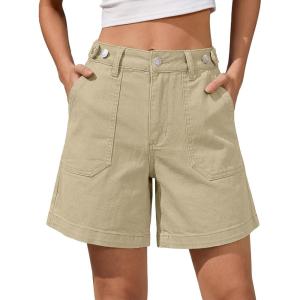image:imageluvamia Jean Shorts for Women High Waisted Wide Leg Cinch Waist Stretchy Denim Mid Thigh Shorts Casual Summer JortsKhaki