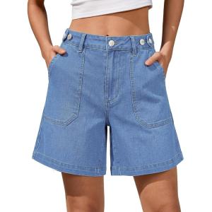 image:imageluvamia Jean Shorts for Women High Waisted Wide Leg Cinch Waist Stretchy Denim Mid Thigh Shorts Casual Summer JortsMedium Blue
