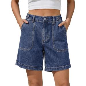 image:imageluvamia Jean Shorts for Women High Waisted Wide Leg Cinch Waist Stretchy Denim Mid Thigh Shorts Casual Summer JortsTimeless Blue
