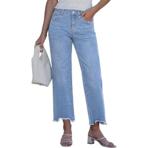 image:imageluvamia Straight Leg Jeans for Women Cropped Trendy Mid Rise Baggy Loose Distressed Casual Raw Hem Stretchy Denim PantsBlue Breeze