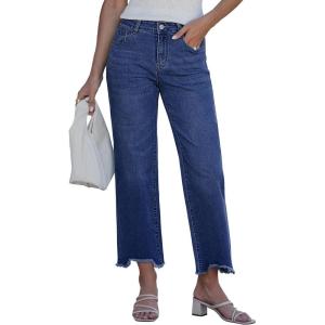 image:imageluvamia Straight Leg Jeans for Women Cropped Trendy Mid Rise Baggy Loose Distressed Casual Raw Hem Stretchy Denim PantsDarkness Blue