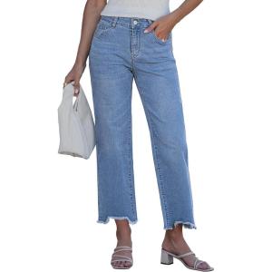 image:imageluvamia Straight Leg Jeans for Women Cropped Trendy Mid Rise Baggy Loose Distressed Casual Raw Hem Stretchy Denim PantsMedium Blue
