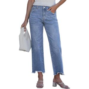 image:imageluvamia Straight Leg Jeans for Women Cropped Trendy Mid Rise Baggy Loose Distressed Casual Raw Hem Stretchy Denim PantsRoadknight Blue