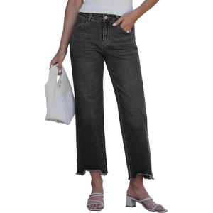 image:imageluvamia Straight Leg Jeans for Women Cropped Trendy Mid Rise Baggy Loose Distressed Casual Raw Hem Stretchy Denim PantsWashed Black