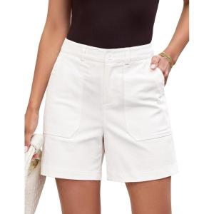 image:imageluvamia Summer Shorts for Women High Waisted Dressy Causal Cotton Chino Elastic Waist 5 Inch Inseam Mid Thigh ShortsCream White