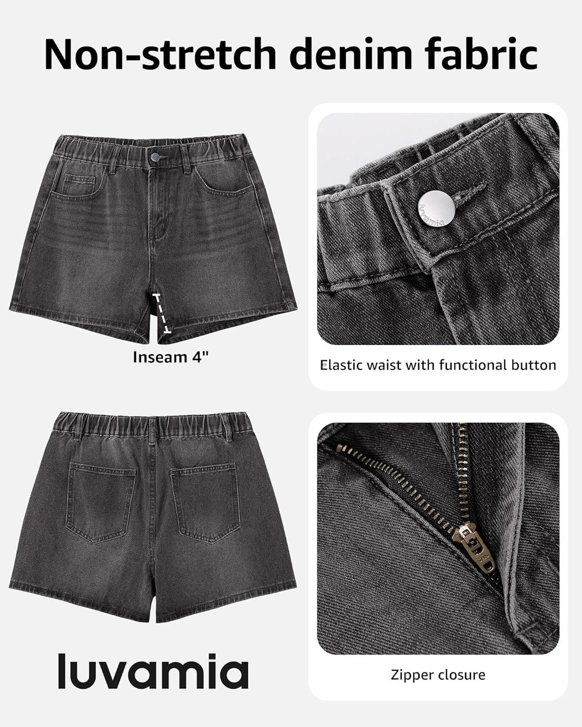 image:imageluvamia Jean Shorts for Women High Waisted Baggy Wide Leg Elastic Waist Mom Denim Shorts 4 Inseam Casual Summer JortsVintage Black