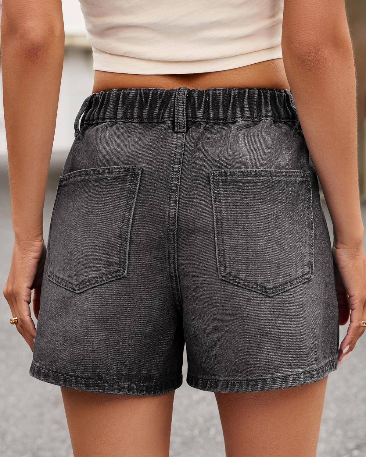 image:imageluvamia Jean Shorts for Women High Waisted Baggy Wide Leg Elastic Waist Mom Denim Shorts 4 Inseam Casual Summer JortsVintage Black