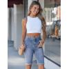 image:imageluvamia Jean Bermuda Shorts for Women High Waisted Patch Pocket Knee Length Fold Hem Casual Stretchy Denim Long ShortsBay Blue