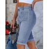 image:imageluvamia Jean Bermuda Shorts for Women High Waisted Patch Pocket Knee Length Fold Hem Casual Stretchy Denim Long ShortsBay Blue