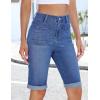 image:imageluvamia Jean Bermuda Shorts for Women High Waisted Patch Pocket Knee Length Fold Hem Casual Stretchy Denim Long ShortsClassic Blue