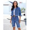 image:imageluvamia Jean Bermuda Shorts for Women High Waisted Patch Pocket Knee Length Fold Hem Casual Stretchy Denim Long ShortsClassic Blue