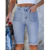 image:imageluvamia Jean Bermuda Shorts for Women High Waisted Patch Pocket Knee Length Fold Hem Casual Stretchy Denim Long ShortsCody Blue