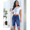 image:imageluvamia Jean Bermuda Shorts for Women High Waisted Patch Pocket Knee Length Fold Hem Casual Stretchy Denim Long ShortsDarkness Blue
