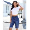 image:imageluvamia Jean Bermuda Shorts for Women High Waisted Patch Pocket Knee Length Fold Hem Casual Stretchy Denim Long ShortsDarkness Blue