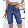 image:imageluvamia Jean Bermuda Shorts for Women High Waisted Patch Pocket Knee Length Fold Hem Casual Stretchy Denim Long ShortsDarkness Blue