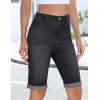image:imageluvamia Jean Bermuda Shorts for Women High Waisted Patch Pocket Knee Length Fold Hem Casual Stretchy Denim Long ShortsWashed Black