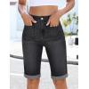 image:imageluvamia Jean Bermuda Shorts for Women High Waisted Patch Pocket Knee Length Fold Hem Casual Stretchy Denim Long ShortsWashed Black