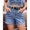 image:imageluvamia Jean Shorts for Women High Waisted Eyelet Embroidered Mid Thigh Wide Leg Stretchy Denim Shorts Summer JortsBay Blue