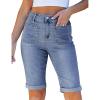 image:imageluvamia Jean Bermuda Shorts for Women High Waisted Patch Pocket Knee Length Fold Hem Casual Stretchy Denim Long ShortsBay Blue