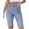 image:imageluvamia Jean Bermuda Shorts for Women High Waisted Patch Pocket Knee Length Fold Hem Casual Stretchy Denim Long ShortsCody Blue