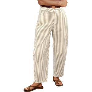 image:imageluvamia Barrel Jeans for Women Trendy Baggy Wide Leg Striped High Waisted Cropped Casual Pinstripe Stretchy Denim PantsKhaki