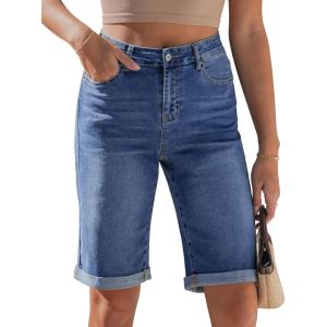 image:imageluvamia Bermuda Jean Shorts for Women Knee Length High Waisted Rolled Hem Casual Summer 12 Inseam Long Denim ShortsClassic Blue