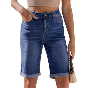 image:imageluvamia Bermuda Jean Shorts for Women Knee Length High Waisted Rolled Hem Casual Summer 12 Inseam Long Denim ShortsDarkness Blue