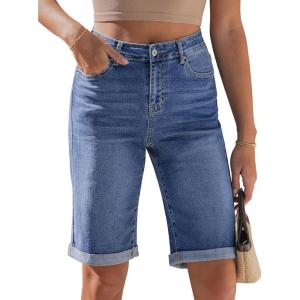 image:imageluvamia Bermuda Jean Shorts for Women Knee Length High Waisted Rolled Hem Casual Summer 12 Inseam Long Denim ShortsMedium Blue