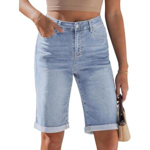 image:imageluvamia Bermuda Jean Shorts for Women Knee Length High Waisted Rolled Hem Casual Summer 12 Inseam Long Denim ShortsModern Blue