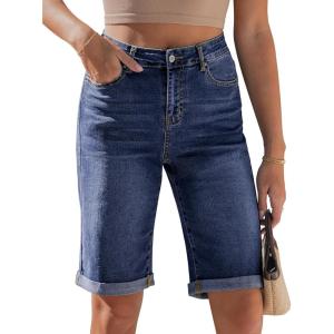 image:imageluvamia Bermuda Jean Shorts for Women Knee Length High Waisted Rolled Hem Casual Summer 12 Inseam Long Denim ShortsTimeless Blue