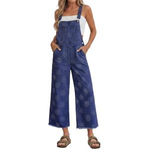 image:imageluvamia Denim Overalls for Women Wide Leg Capri Jean Jumpsuit Loose Fit Summer Stretchy Bib Overall Embroidered Raw HemFloral Darkness Blue