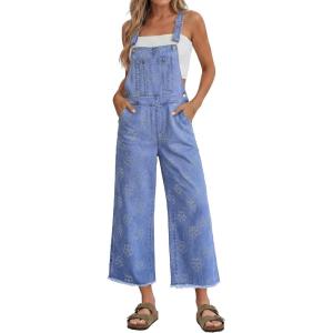 image:imageluvamia Denim Overalls for Women Wide Leg Capri Jean Jumpsuit Loose Fit Summer Stretchy Bib Overall Embroidered Raw HemFloral Medium Blue