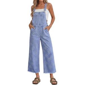 image:imageluvamia Denim Overalls for Women Wide Leg Capri Jean Jumpsuit Loose Fit Summer Stretchy Bib Overall Embroidered Raw HemFloral Powder Blue