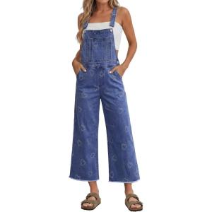 image:imageluvamia Denim Overalls for Women Wide Leg Capri Jean Jumpsuit Loose Fit Summer Stretchy Bib Overall Embroidered Raw HemHeart Classic Blue